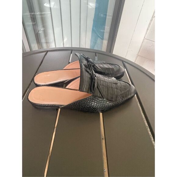 JCrew Leather Croc Embossed Slip on Mule Black Tassel size 8 - Picture 13 of 16